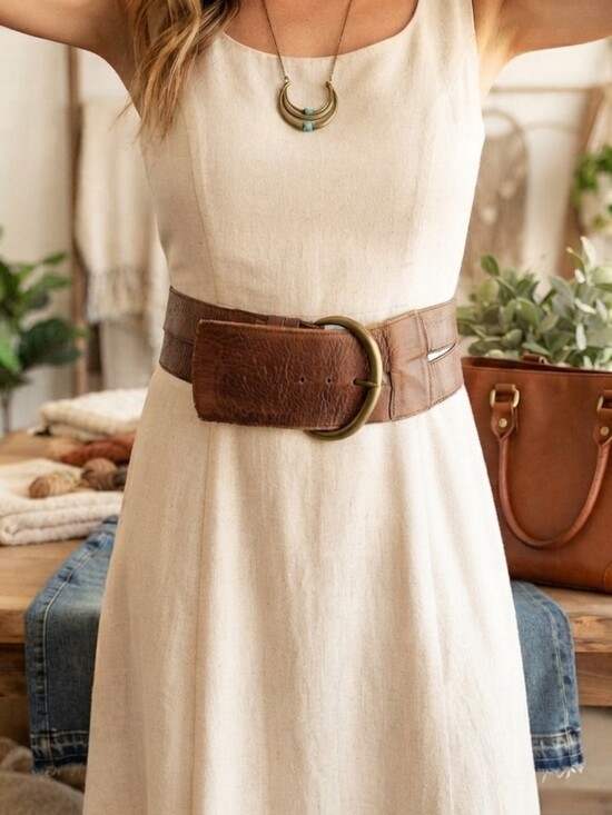 Joan & David Accessories - Wide Double Split Strap Brown Calf Skin leather Belt Western Boho Cincher Small